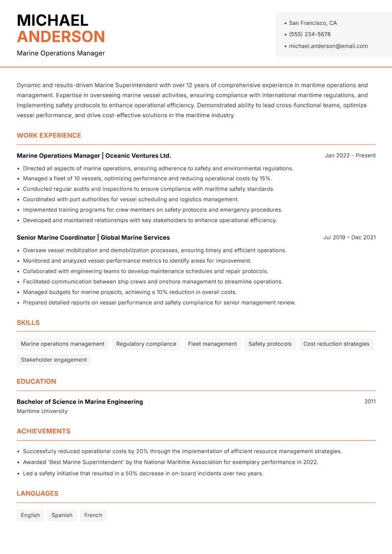 Marine Superintendent resume sample — Marine Operations Manager focus