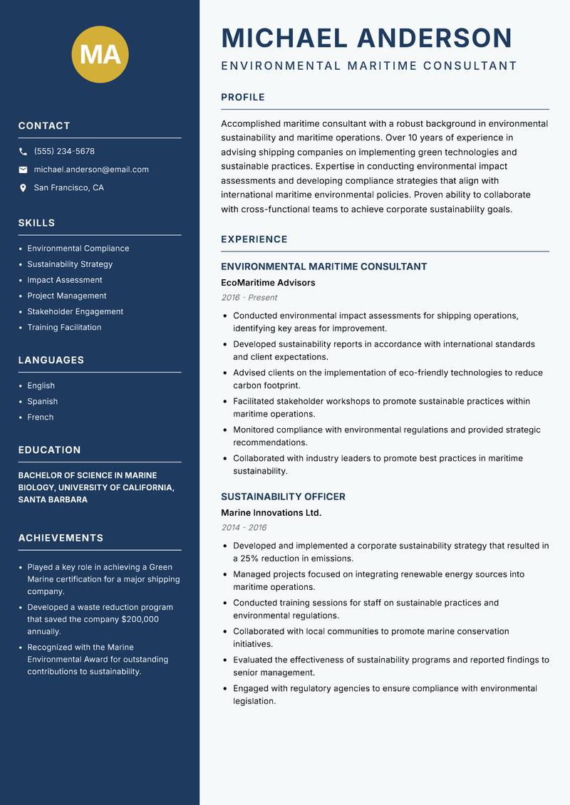 Maritime Consultant resume sample — Environmental Maritime Consultant focus