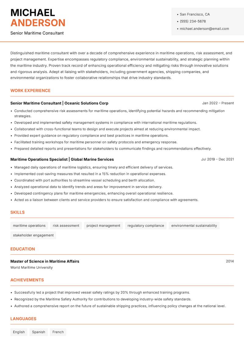 Maritime Consultant resume sample — Senior Maritime Consultant focus