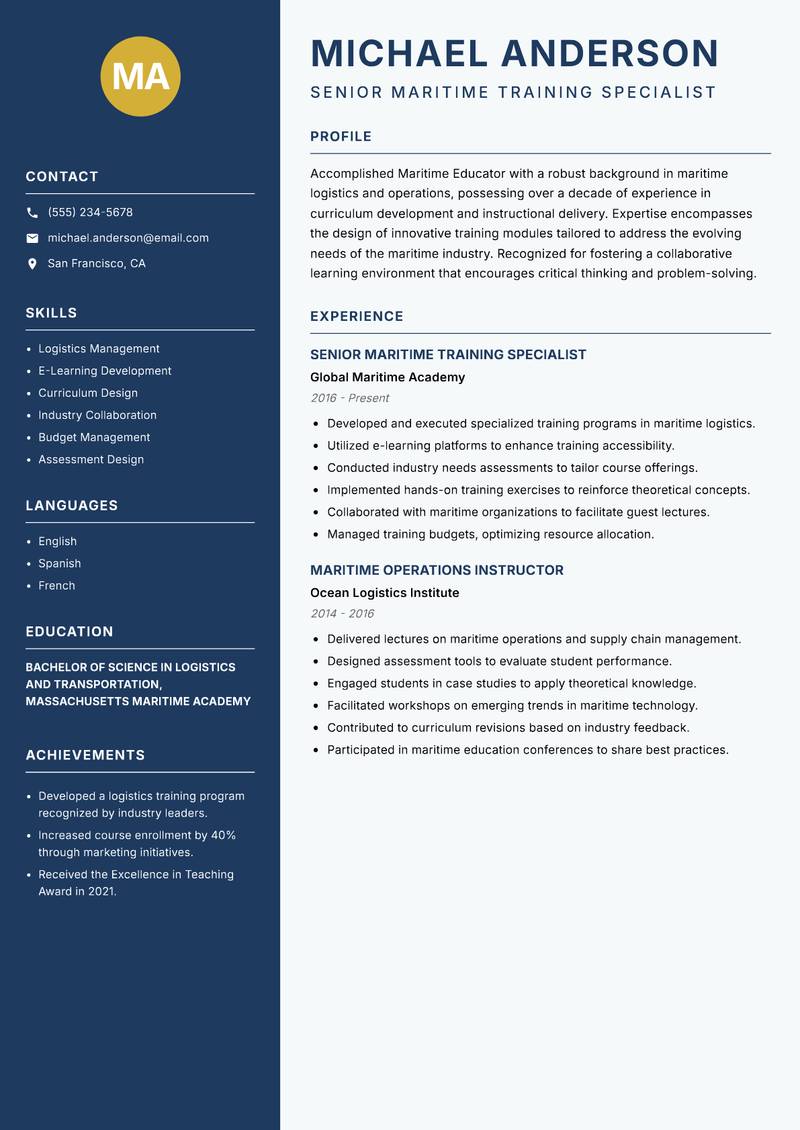 Maritime Educator resume sample — Senior Maritime Training Specialist focus