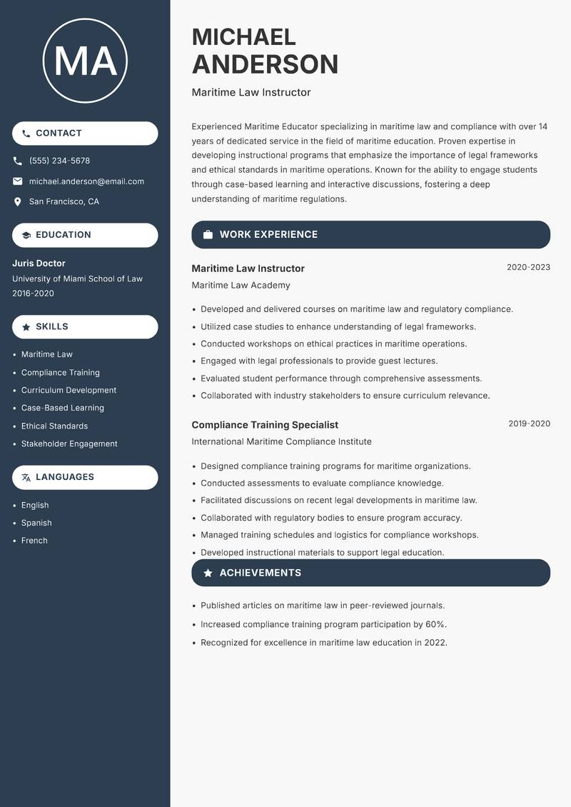 Maritime Educator resume sample — Maritime Law Instructor focus