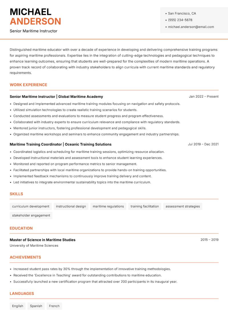 Maritime Educator resume sample — Senior Maritime Instructor focus