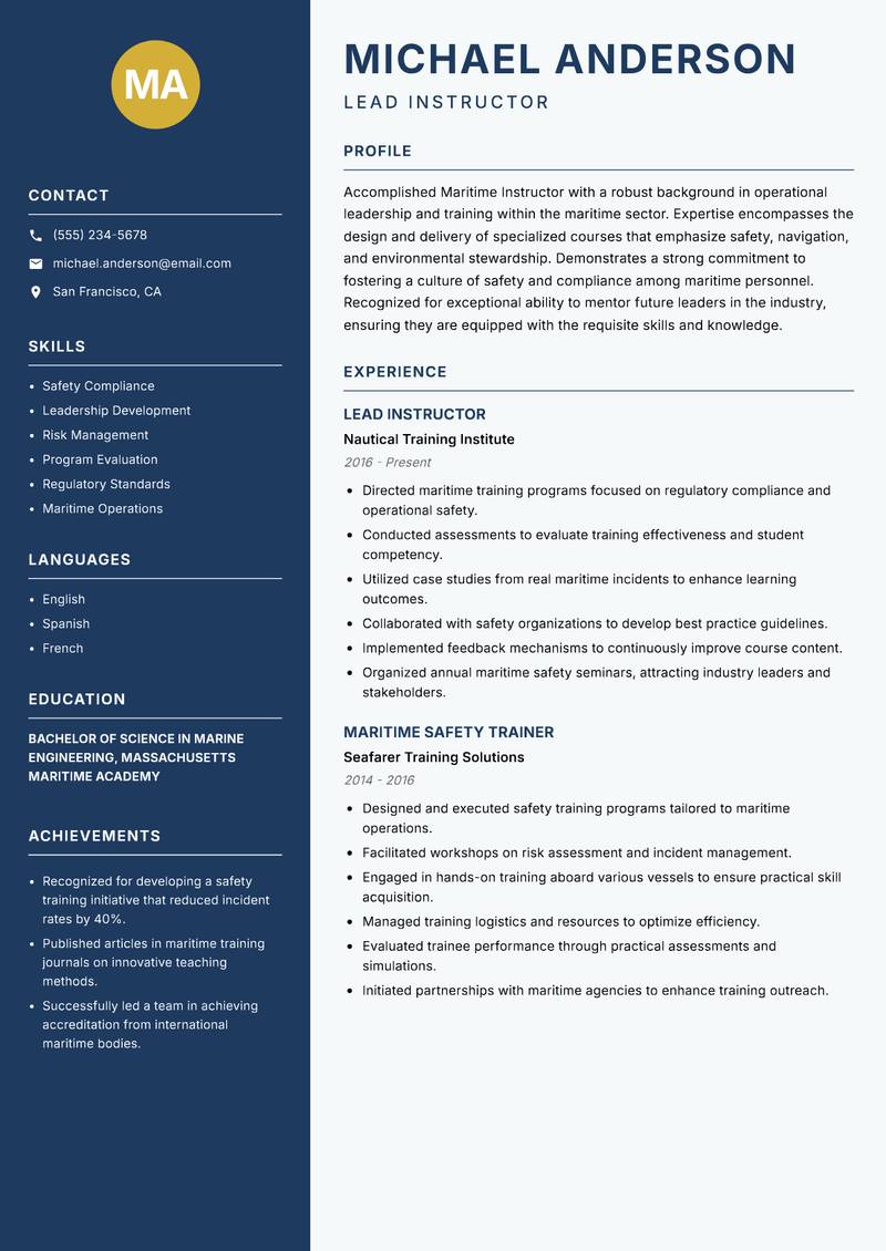 Maritime Instructor resume sample — Lead Instructor focus