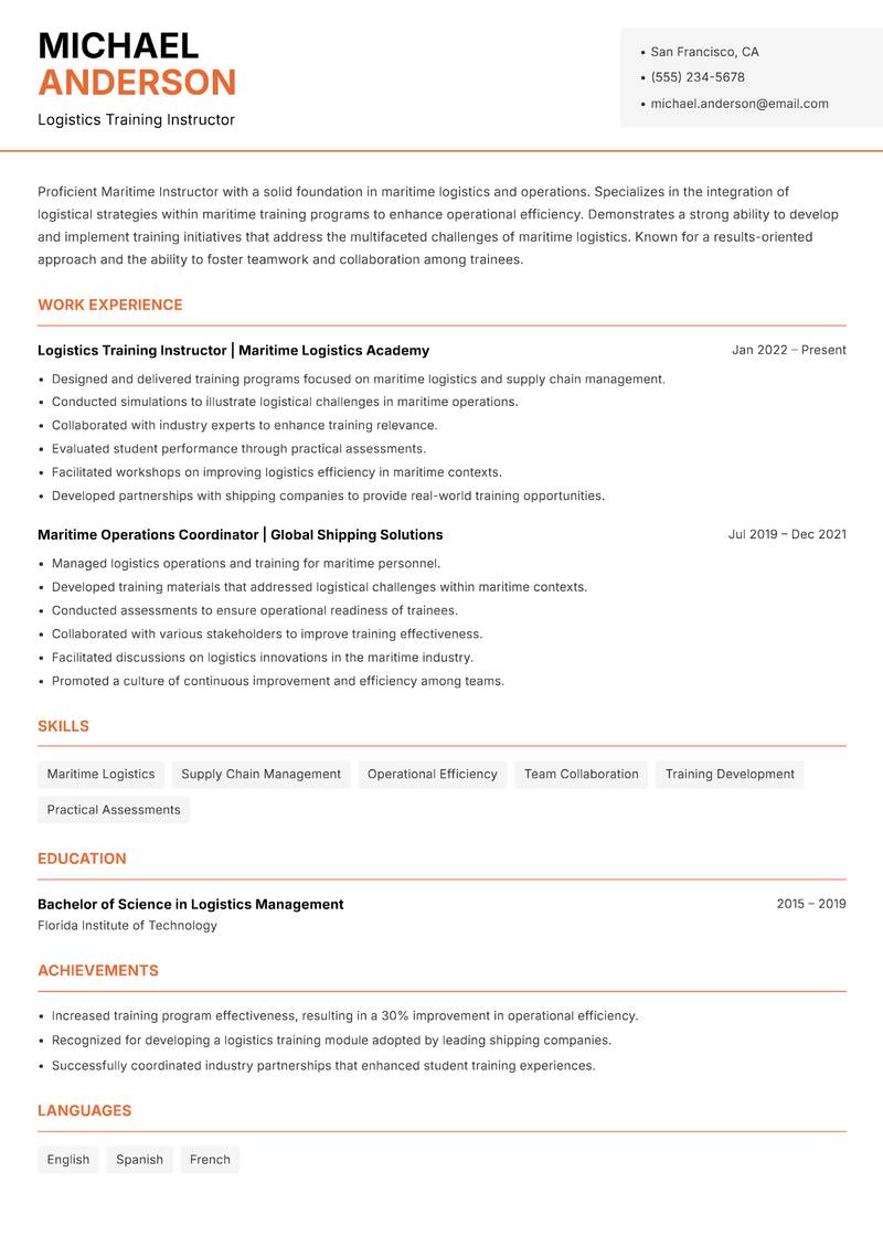 Maritime Instructor resume sample — Logistics Training Instructor focus