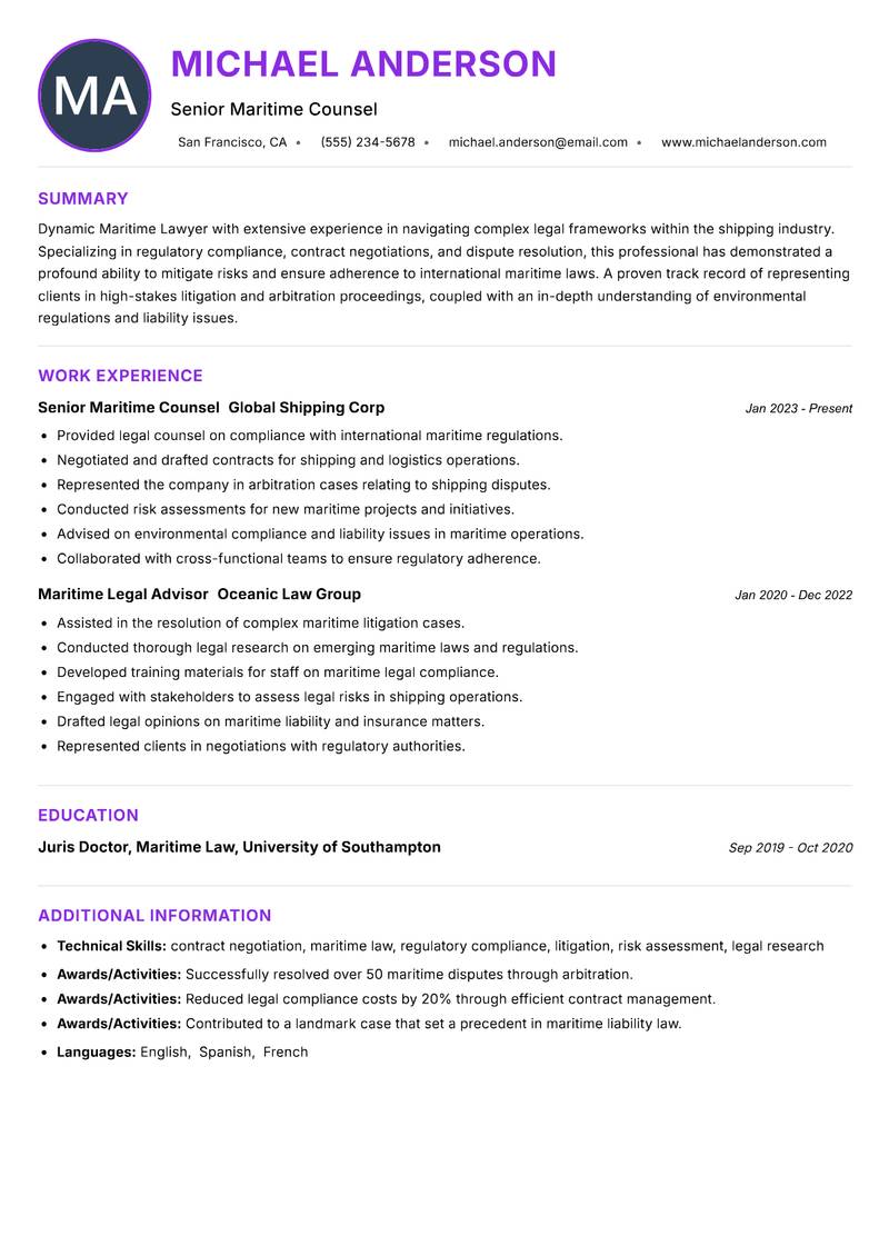 Maritime Lawyer resume example