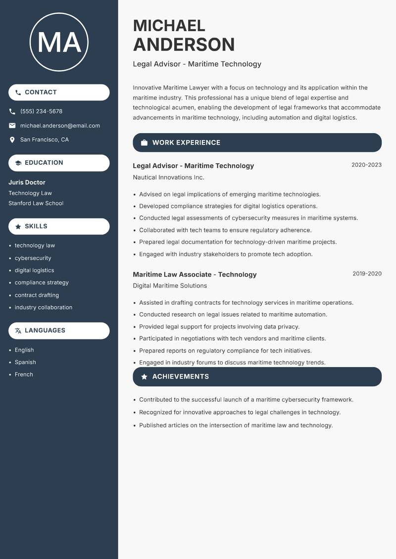 Maritime Lawyer resume sample — Legal Advisor - Maritime Technology focus
