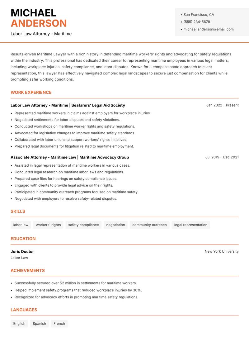Maritime Lawyer resume sample — Labor Law Attorney - Maritime focus