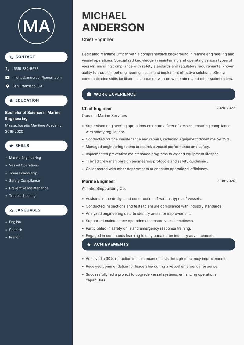 Maritime Officer resume sample — Chief Engineer focus