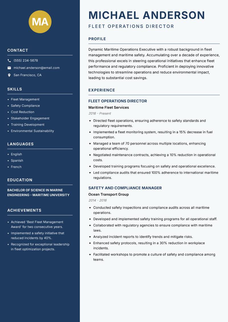 Maritime Operations Executive resume sample — Fleet Operations Director focus