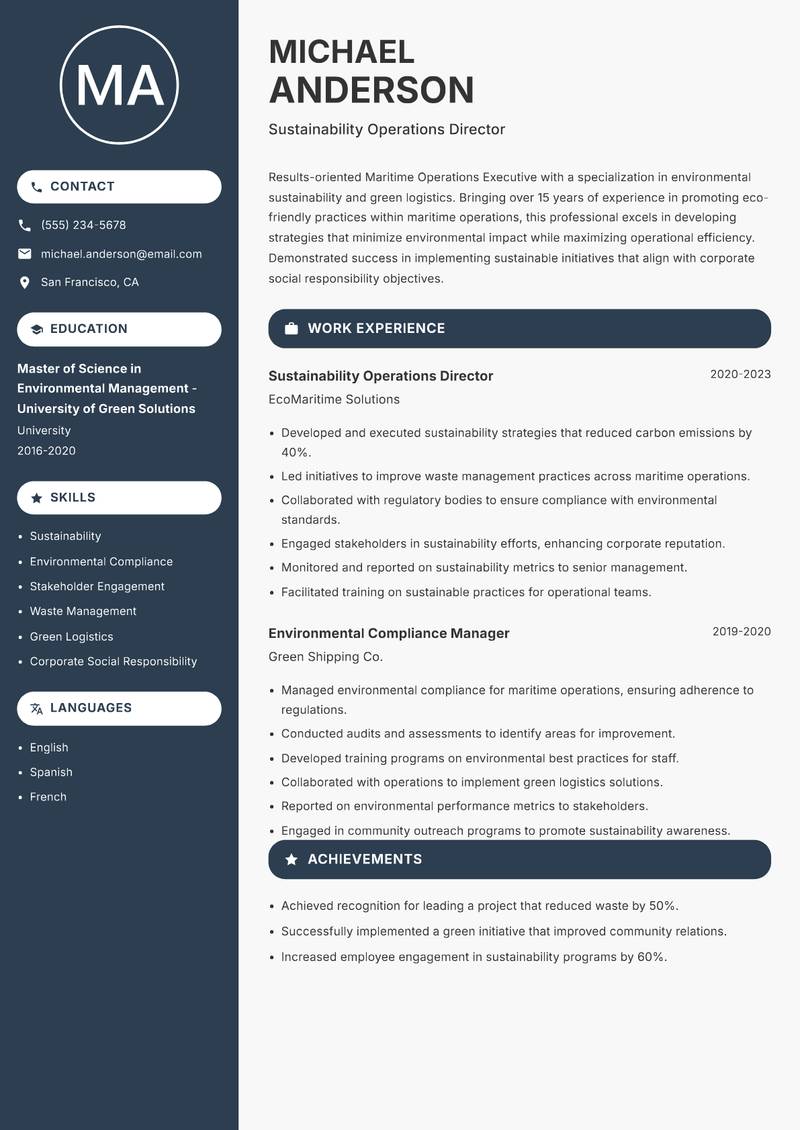 Maritime Operations Executive resume sample — Sustainability Operations Director focus