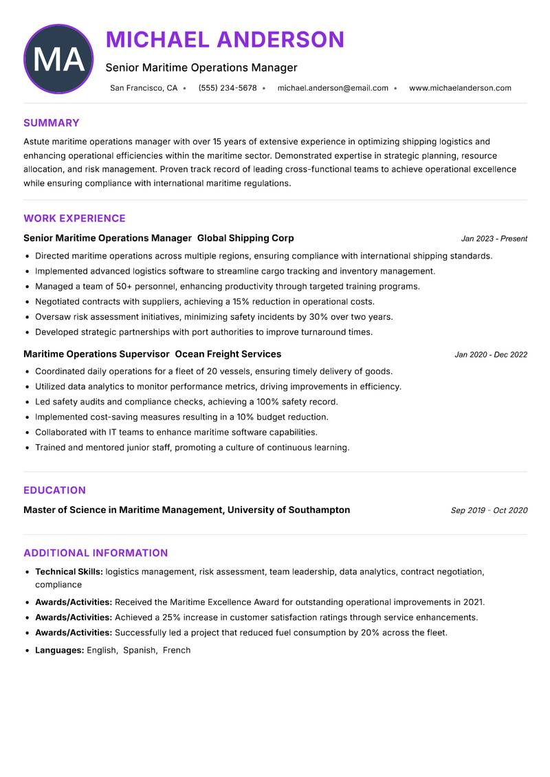 Maritime Operations Manager resume example