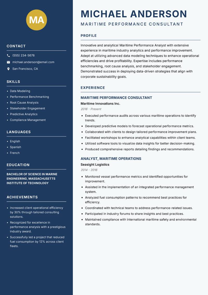 Maritime Performance Analyst resume sample — Maritime Performance Consultant focus