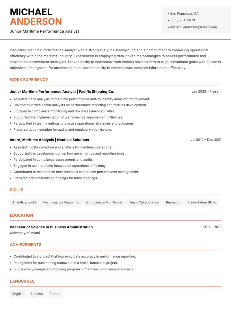 Maritime Performance Analyst resume sample — Junior Maritime Performance Analyst focus