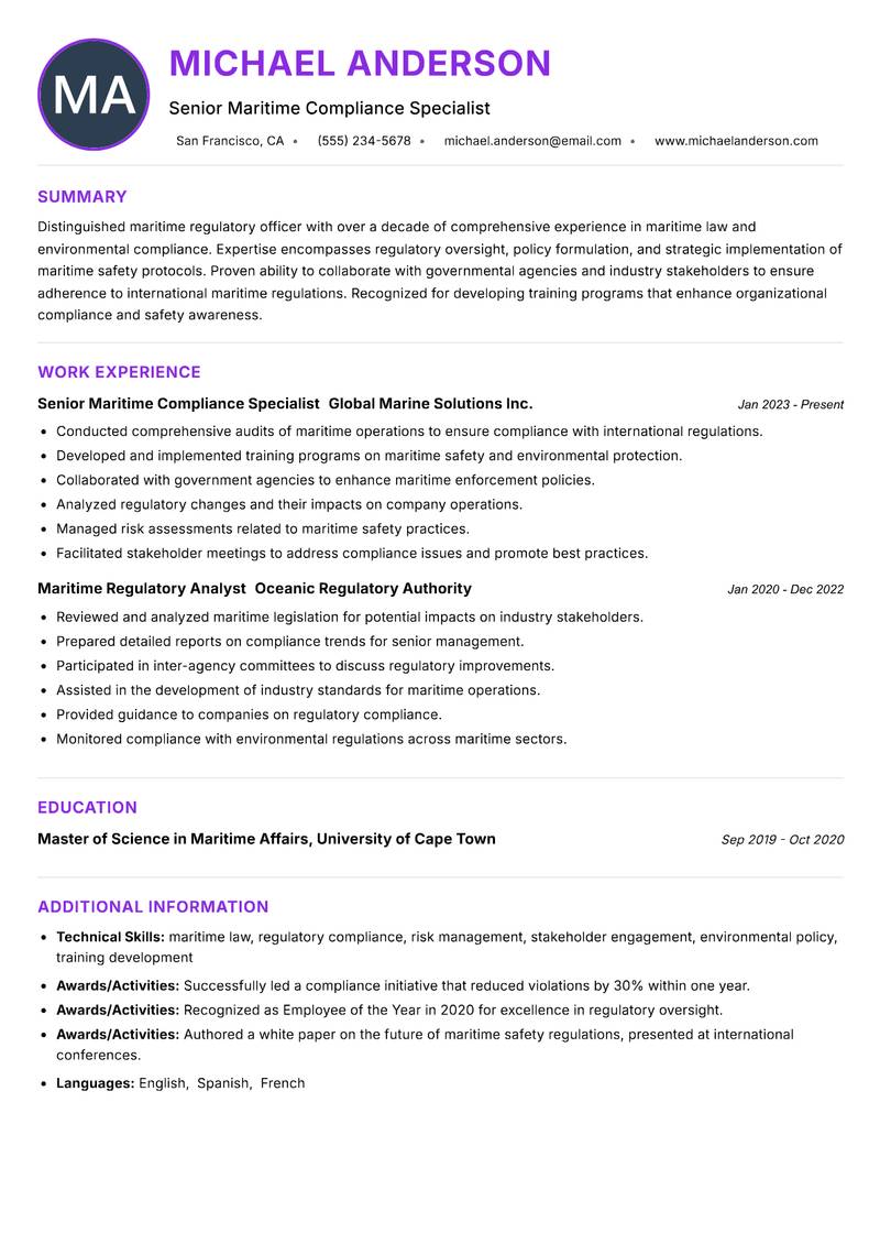 Maritime Regulatory Officer resume example
