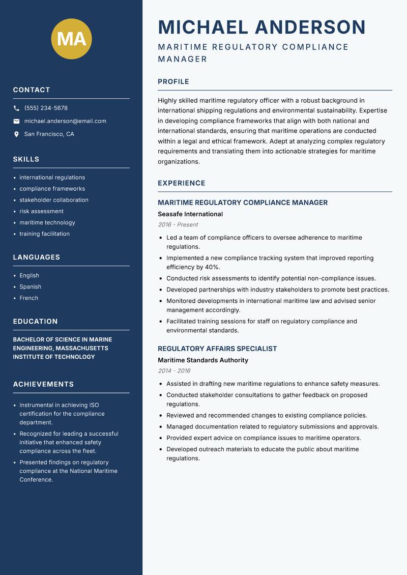 Maritime Regulatory Officer resume sample — Maritime Regulatory Compliance Manager focus