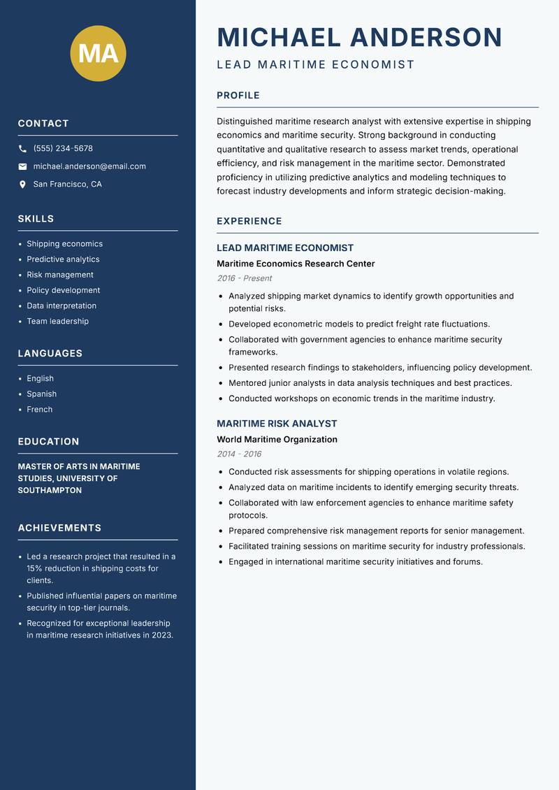 Maritime Research Analyst resume sample — Lead Maritime Economist focus