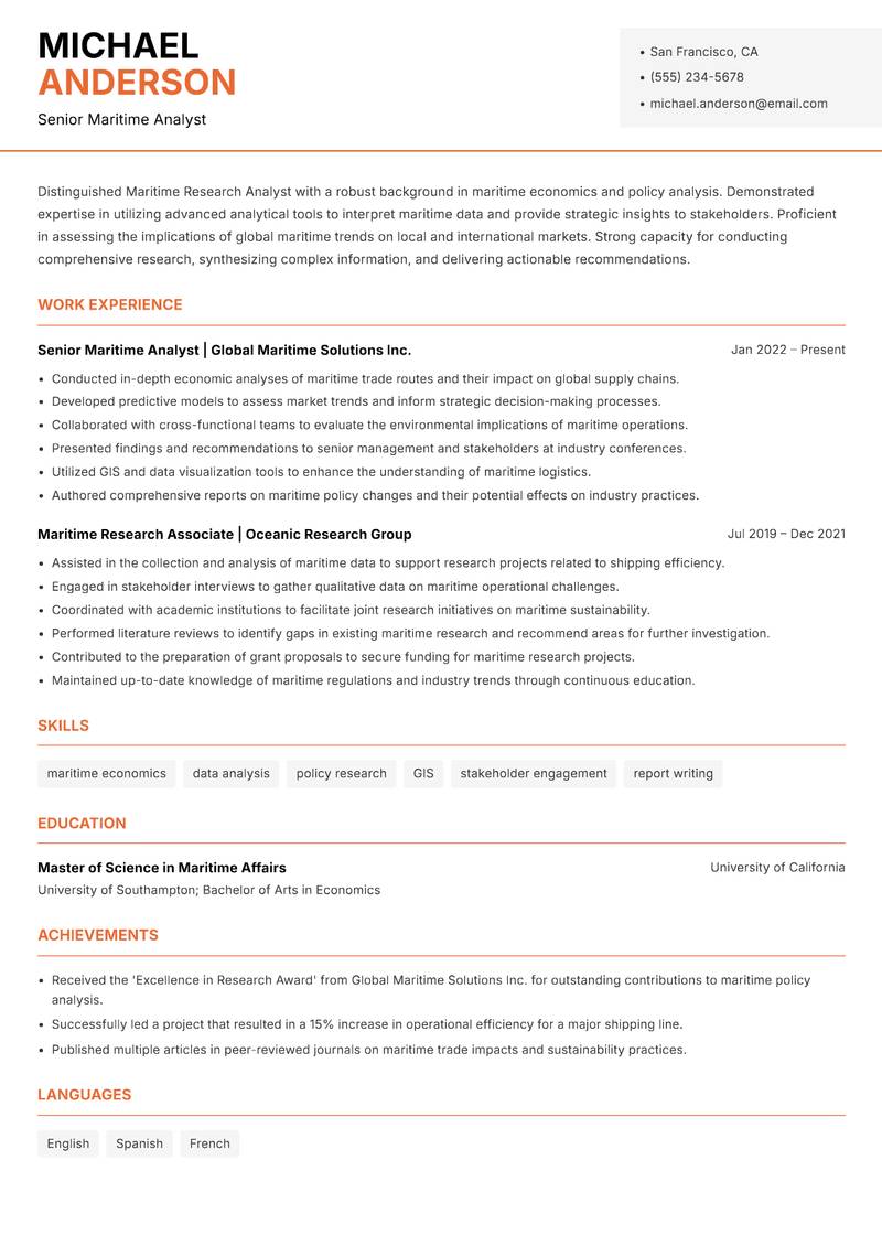 Maritime Research Analyst resume sample — Senior Maritime Analyst focus