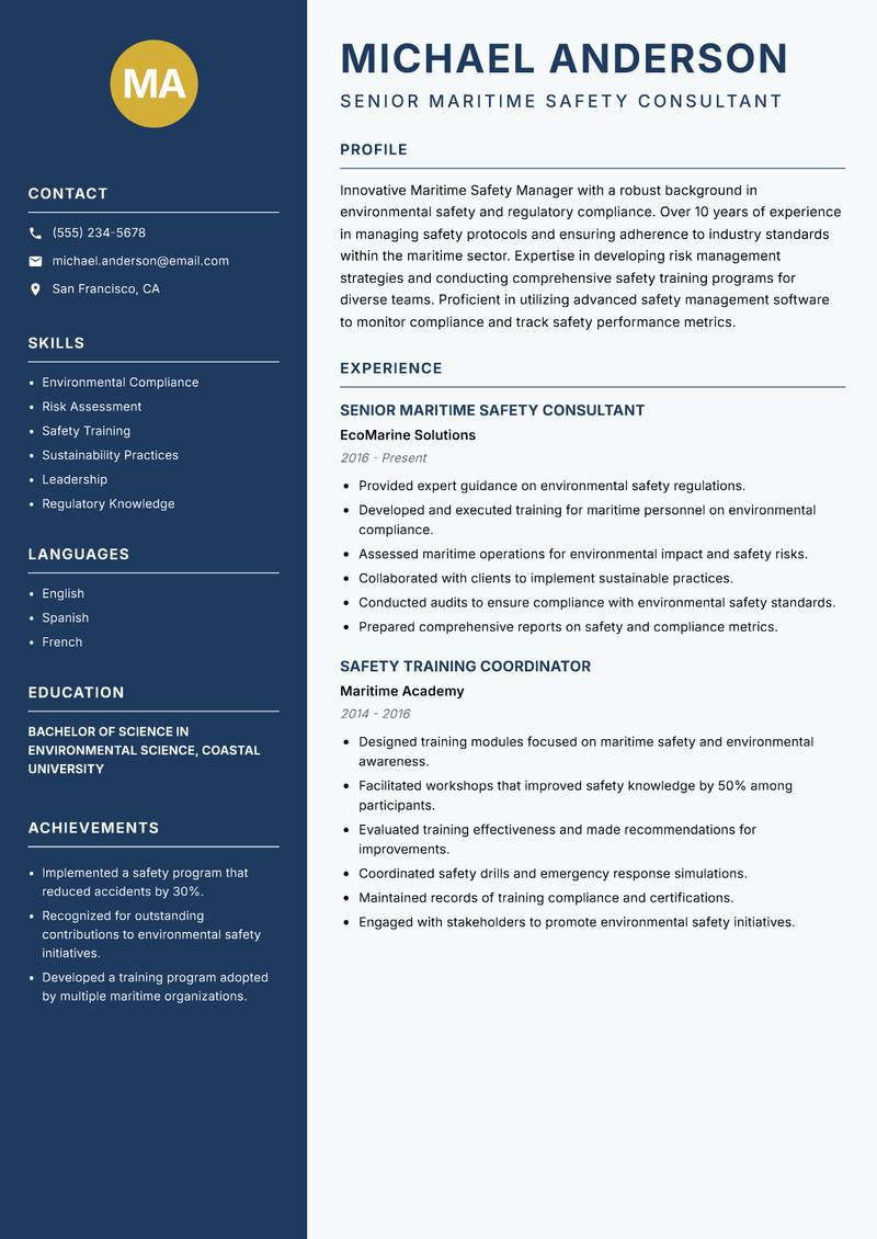 Maritime Safety Manager resume sample — Senior Maritime Safety Consultant focus
