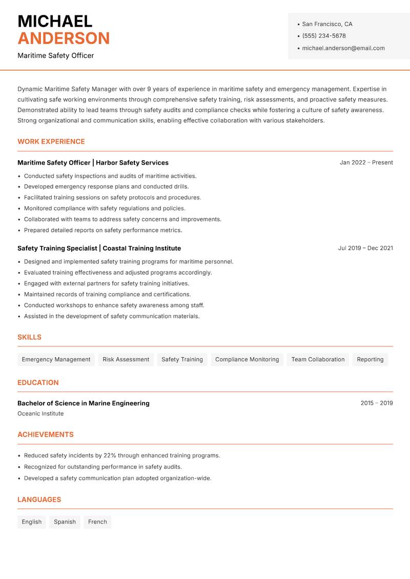 Maritime Safety Manager resume sample — Maritime Safety Officer focus