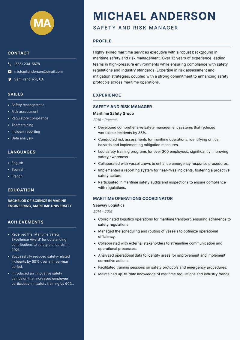 Maritime Services Executive resume sample — Safety and Risk Manager focus