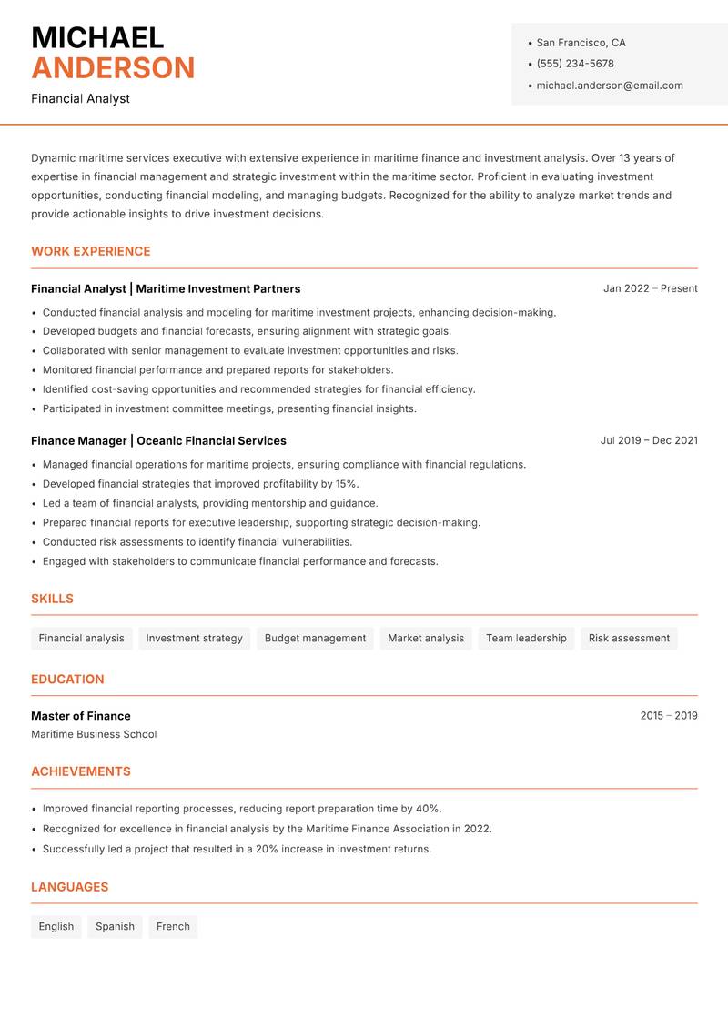 Maritime Services Executive resume sample — Financial Analyst focus