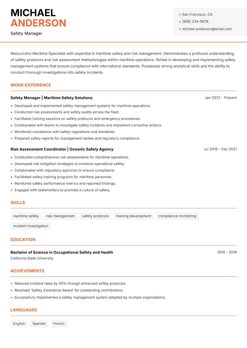 Maritime Specialist resume sample — Safety Manager focus