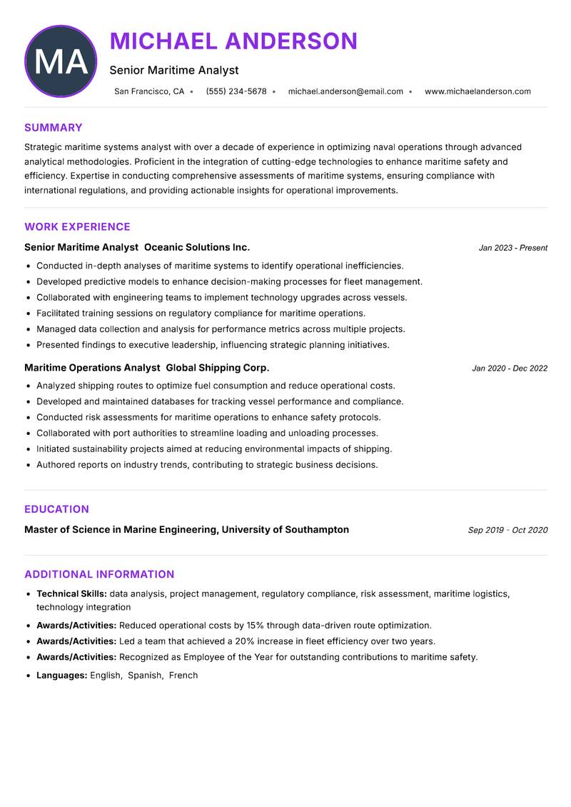 Maritime Systems Analyst resume example