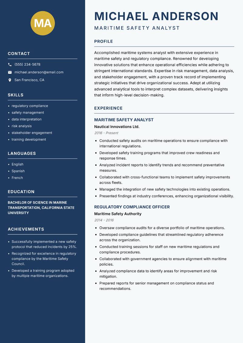 Maritime Systems Analyst resume sample — Maritime Safety Analyst focus