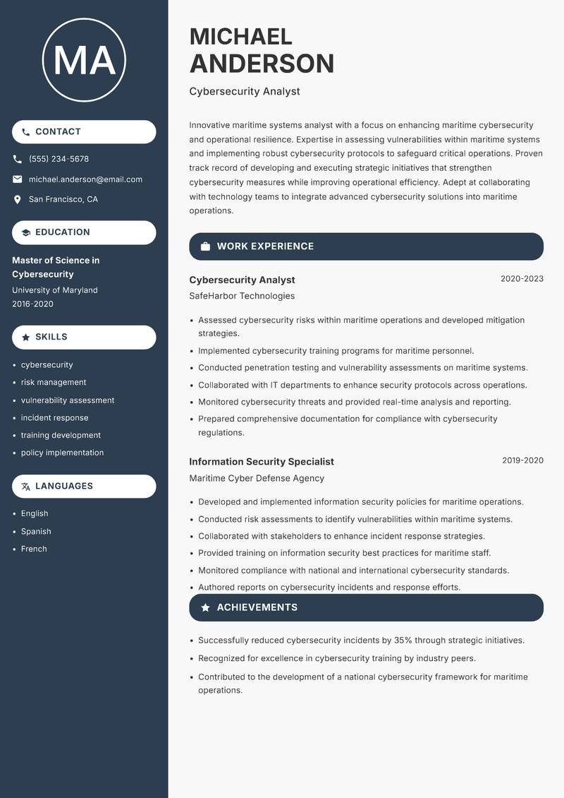 Maritime Systems Analyst resume sample — Cybersecurity Analyst focus