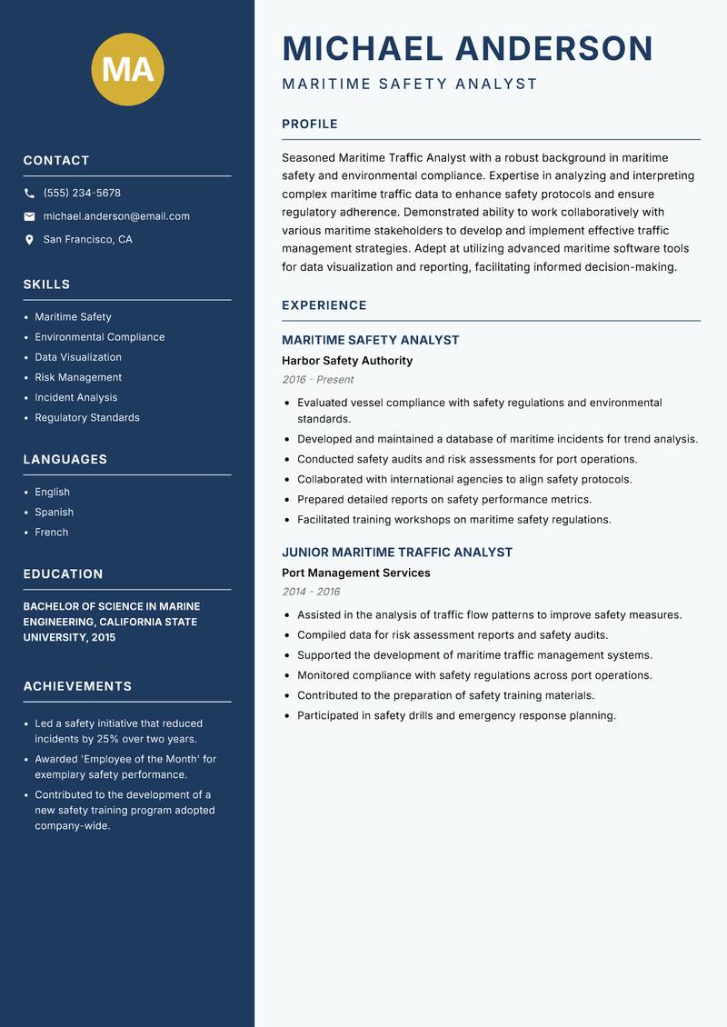 Maritime Traffic Analyst resume sample — Maritime Safety Analyst focus