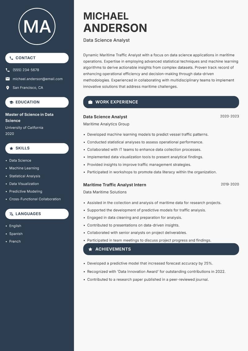 Maritime Traffic Analyst resume sample — Data Science Analyst focus