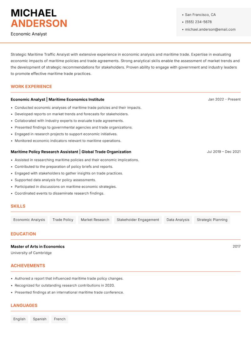 Maritime Traffic Analyst resume sample — Economic Analyst focus
