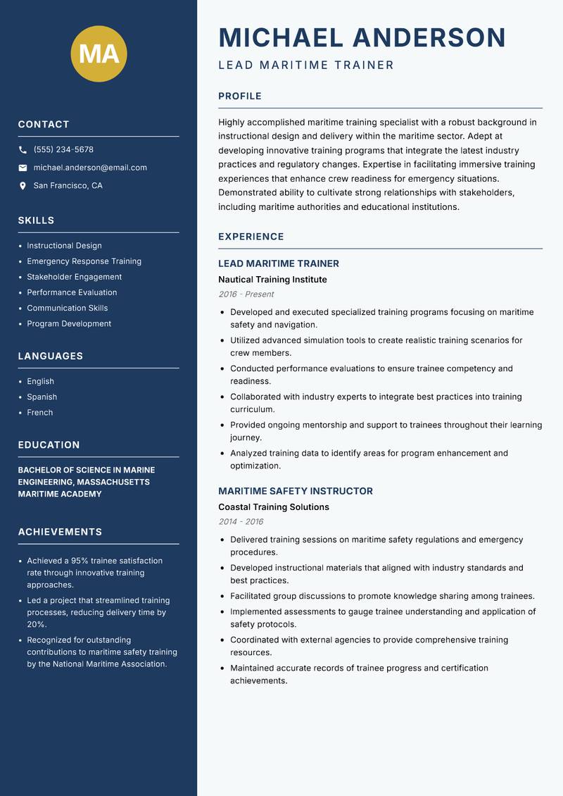 Maritime Trainer resume sample — Lead Maritime Trainer focus