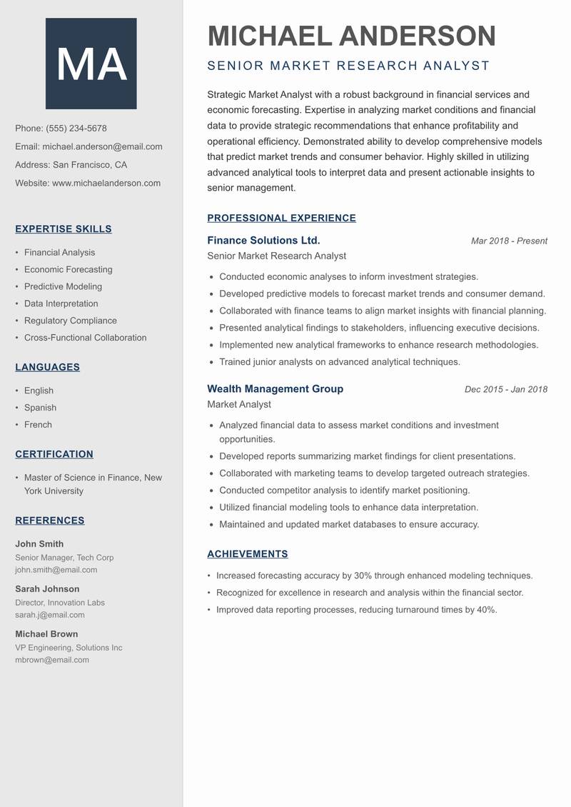 Market Analyst resume sample — Senior Market Research Analyst focus