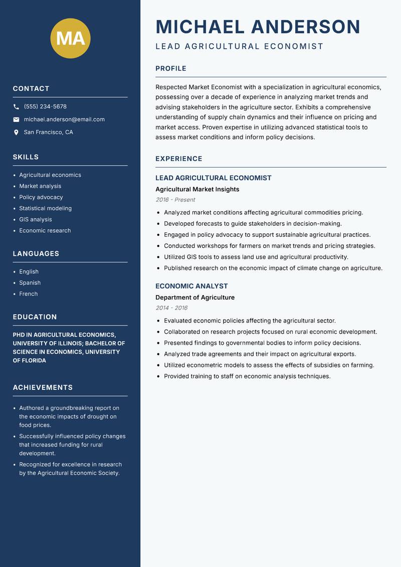 Market Economist resume sample — Lead Agricultural Economist focus