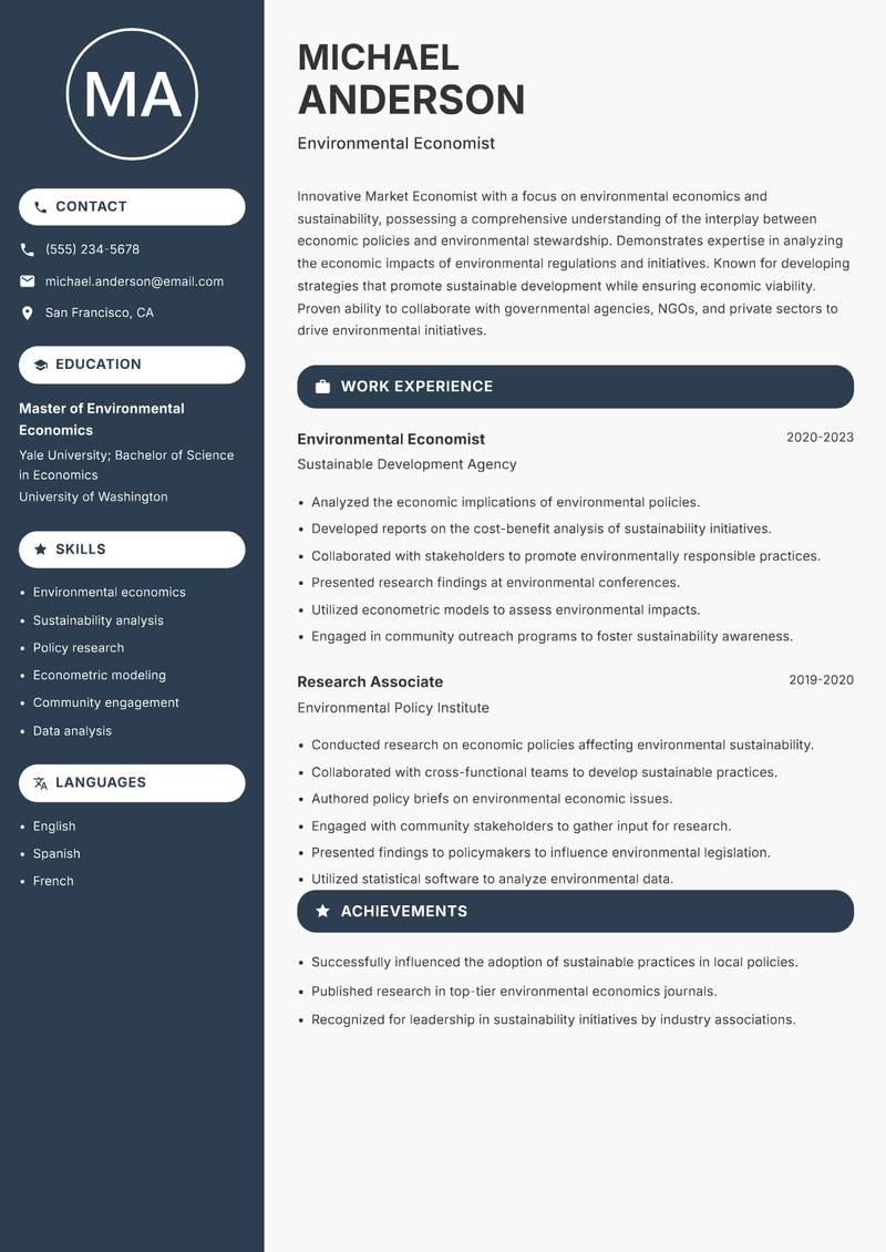 Market Economist resume sample — Environmental Economist focus