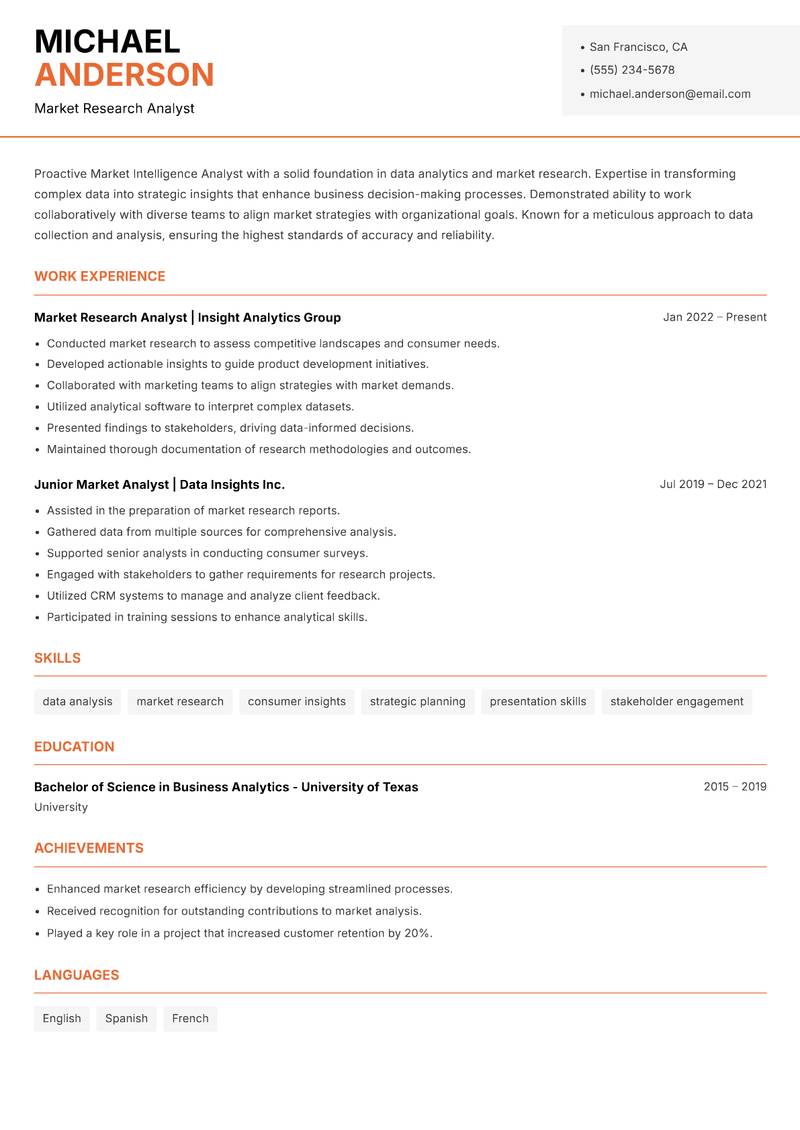 Market Intelligence Analyst resume sample — Market Research Analyst focus