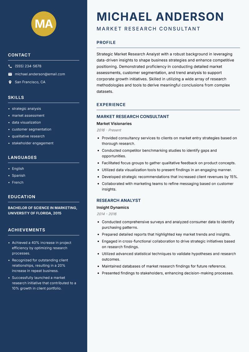 Market Research Analyst resume sample — Market Research Consultant focus