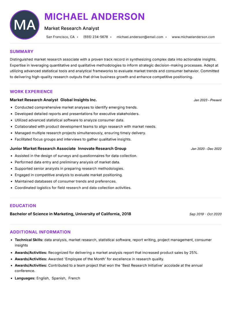Market Research Associate resume example