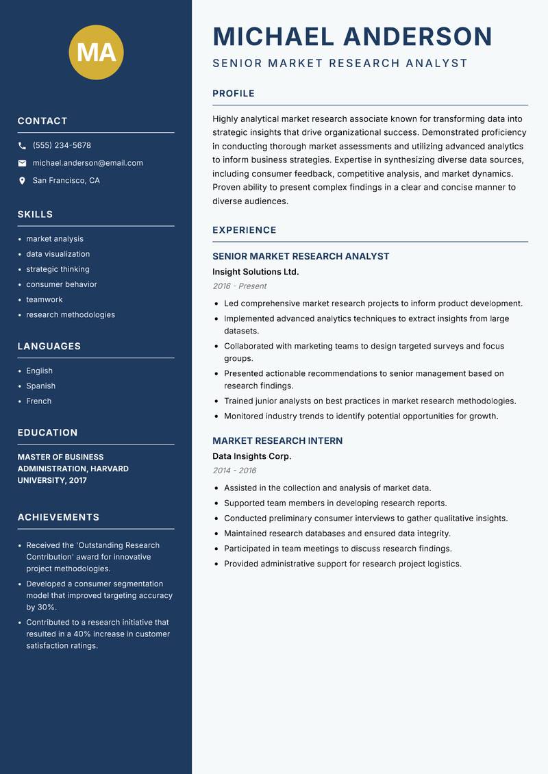 Market Research Associate resume sample — Senior Market Research Analyst focus