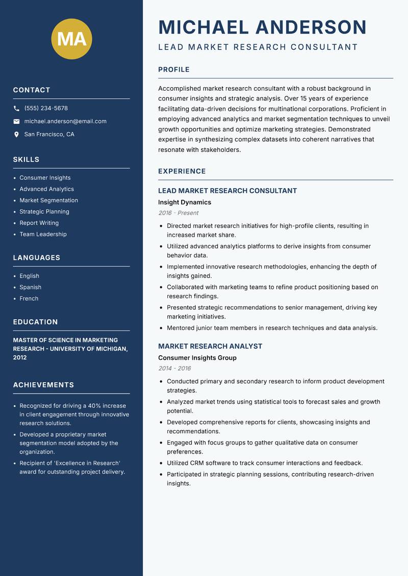 Market Research Consultant resume sample — Lead Market Research Consultant focus