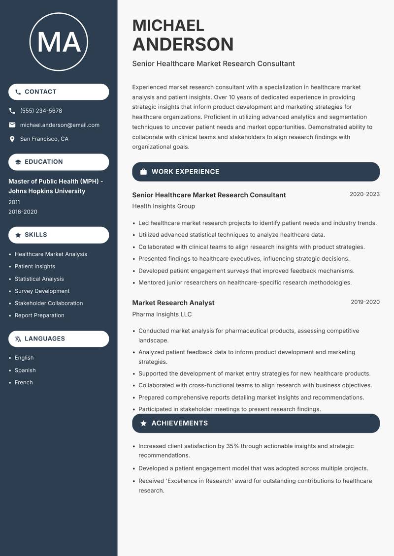 Market Research Consultant resume sample — Senior Healthcare Market Research Consultant focus