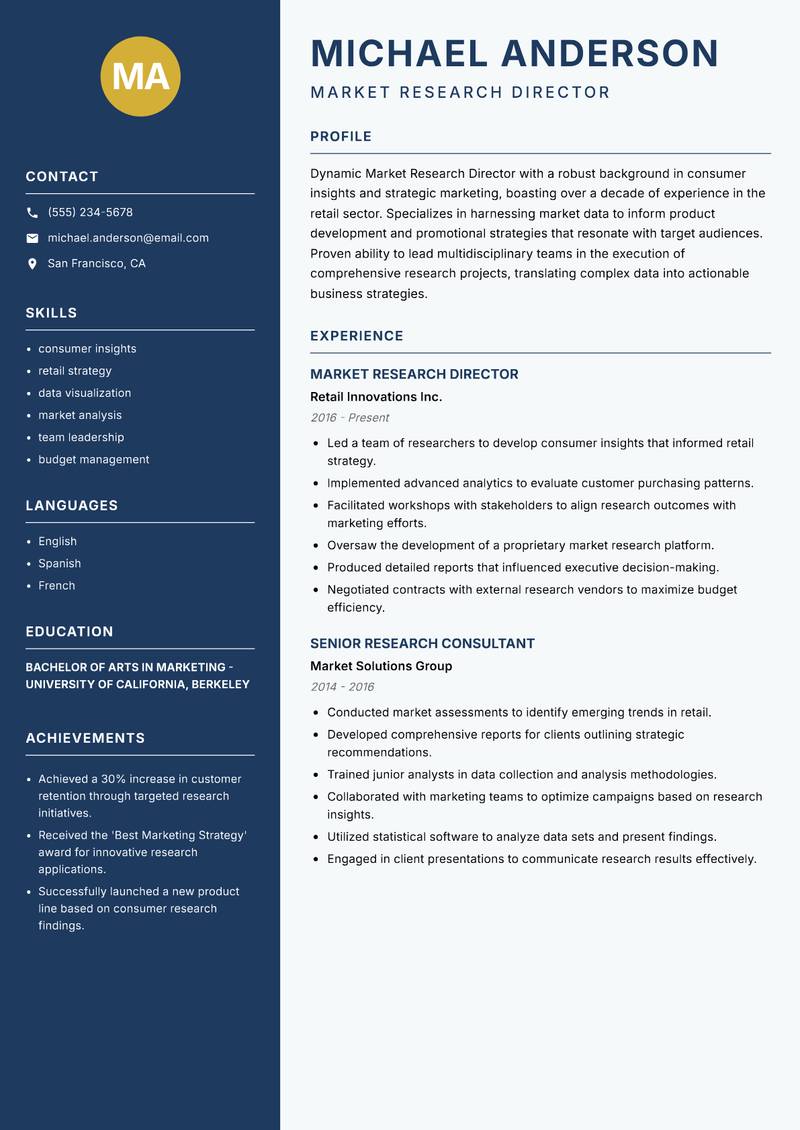 Market Research Director resume sample — Market Research Director focus