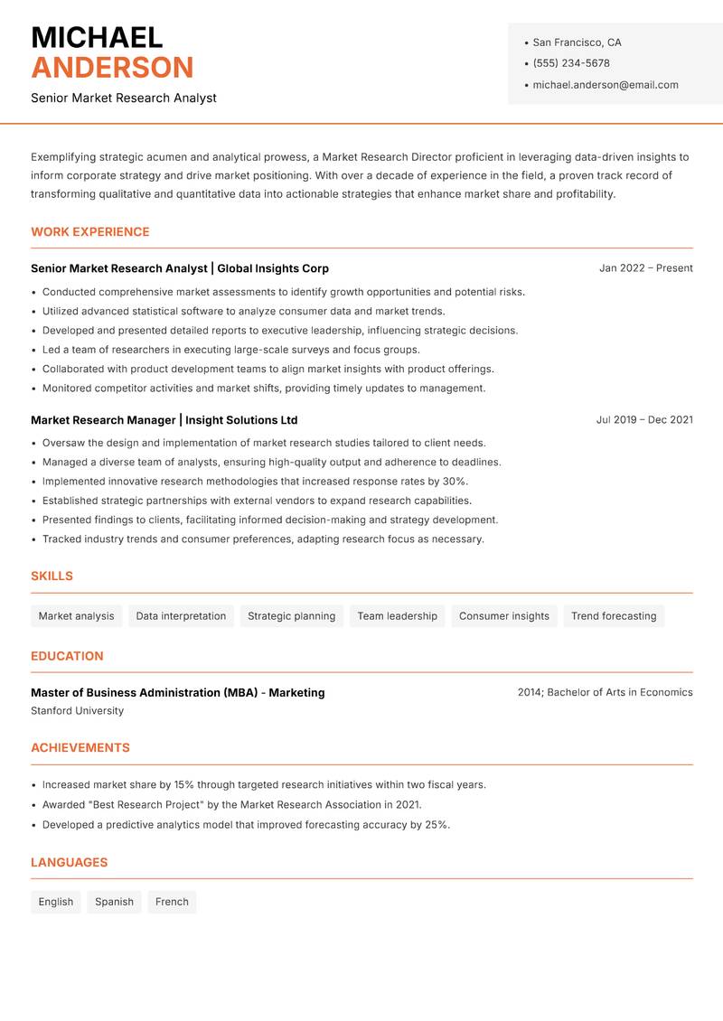 Market Research Director resume sample — Senior Market Research Analyst focus