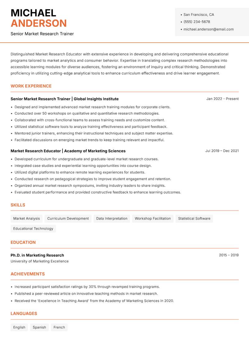 Market Research Educator resume sample — Senior Market Research Trainer focus