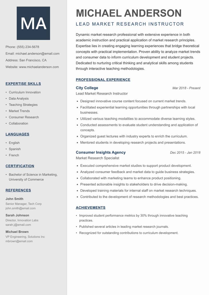 Market Research Instructor resume sample — Lead Market Research Instructor focus