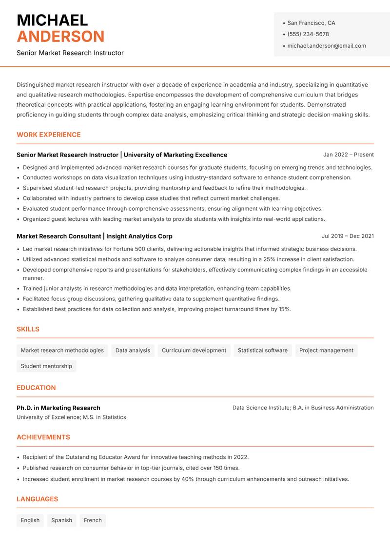 Market Research Instructor resume sample — Senior Market Research Instructor focus