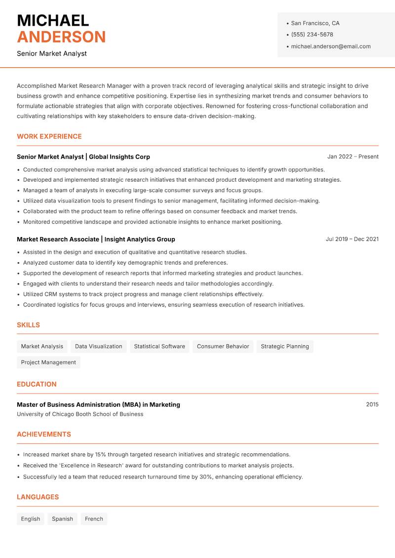 Market Research Manager resume sample — Senior Market Analyst focus