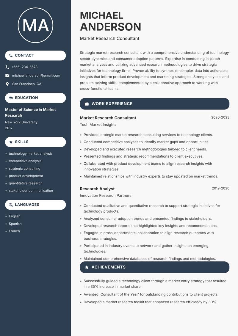 Market Research Researcher resume sample — Market Research Consultant focus
