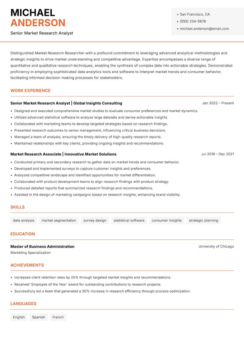 Market Research Researcher resume sample — Senior Market Research Analyst focus